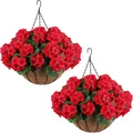 Two packs of artificial red geranium hanging baskets with coconut liners and black iron chains - Begonia Hanging Basket