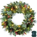 Christmas wreath with warm LED lights, pine cones, red berries and snow decor on white background - 40CM / White Tipped Pine Needles (No Light)