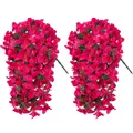 Detail of two hanging magenta bougainvillea artificial flower stems with green leaves - Rose Red