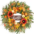 Ghirlanda del raccolto autunnale con girasoli, zucche e cartello in legno per la casa - Ghirlanda di girasoli autunnale con targa