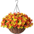 Artificial morning glory hanging basket with yellow flowers and coconut liner - 25cm Morning Glory Hanging Basket - Yellow Orange