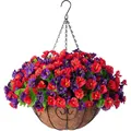 Artificial petunia hanging basket with coconut liner and black metal chain hook - 25cm Morning Glory Hanging Basket - Purple-red