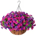 Cesto appeso con fiori di gloria mattutina artificiali e fodera in fibra di cocco - Cesto Sospeso Di Ipomoea 25 Cm - Rosa Viola