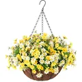 Artificial daisy hanging basket with yellow flowers and coconut liner for outdoor decor - Yellow and White