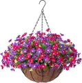 Close-up of artificial daisy flowers in a coconut liner basket with metal hanging chains - Purple And Rose Red