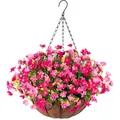 Hanging artificial daisy flower basket with coconut palm liner and black metal chain hook - Pink and Dark Red