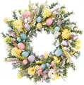 50cm Osterkranz mit Macaron-Eiern und bunten Frühlingsblumen auf weißem Hintergrund - Ostereier Kranz