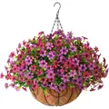 Cesto appeso di eucalipto artificiale con fiori viola, telaio nero e fodera in cocco - Fiori Viola e Rosa Forte