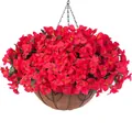 Outdoor hanging basket with lifelike red bougainvillea artificial flowers and coconut coir liner - Dark Red