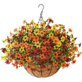 Cesto appeso in metallo con fiori finti colorati e fodera in fibra di cocco naturale - Fiori Arancione Giallo e Borgogna
