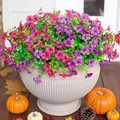 Vibrant artificial morning glory with eucalyptus leaves in a classic fluted ceramic pot - Purple and Rose Red Mixed Style (A095-14)