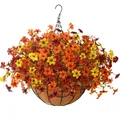 Cesto appeso con fiori autunnali artificiali, telaio in metallo e fibra di cocco - Fiori Arancione Giallo e Rosso