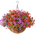 Cesto appeso in metallo con rivestimento in cocco e fiori artificiali rossi e viola - Fiori Rossi e Viola