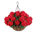 Artificial red geranium hanging basket with silk flowers and coconut fiber liner - Red