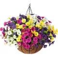 Artificial morning glory hanging basket with purple pink and yellow flowers in coco liner - White Yellow Purple Rose Mix (A090-1)