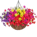 Artificial morning glory hanging basket with colorful flowers and coco liner in black frame - Red White Purple Yellow Rose Mix (A090-3)