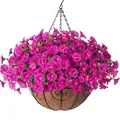 Artificial purple petunia hanging basket with eucalyptus leaves and coco fiber liner - Rose Red (A090-4-Rose)