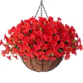 Hanging artificial red morning glory flowers in a black metal basket with coconut liner - Red Style (A090-5-Red)