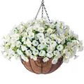 Hanging artificial white morning glory flowers in metal coconut fiber basket - White Style (A090-6-White)