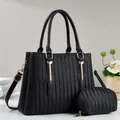 Classic black woven texture handbag set with gold hardware and adjustable strap - Black