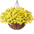 Artificial yellow petunia and eucalyptus in a black metal hanging basket with coco liner - Yellow Style (A090-7-Yellow)
