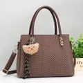 Brown plaid large capacity handbag with bear charm and polka dot ribbon decoration - Coffee