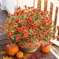 Artificial orange violets in beige ribbed pot for autumn porch and garden decoration - Orange-Red Multi-headed Flower Style (A095-9)