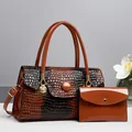Brown crocodile pattern faux leather handbag set with two pieces and gold hardware - Khaki/Earth Yellow