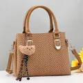 Brown herringbone tote bag for women with leather handles and cute plush bear charm - Earthy Yellow