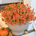 Artificial orange morning glory and eucalyptus plant in white ceramic fluted pot - Bright Orange-Red Style (A095-11)