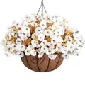 Hanging basket with white artificial petunias, coconut liner and black metal frame - White Yellow with Eucalyptus (A090-10)