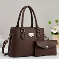 Elegant dark brown pebble leather handbag set with gold buckle and matching zipper pouch - 27x12x20cm / Coffee