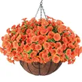 Hanging basket with vibrant orange morning glory artificial flowers and coco fiber liner - Orange Style (A090-11-Orange)
