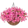 Pink artificial morning glory in coconut liner hanging basket with black metal chain - Pink Style (A090-12-Pink)