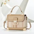 Borsa quadrata classica beige con cuciture in tweed e chiusura girevole dorata - Kaki
