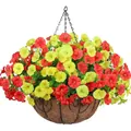 Hanging basket with red and yellow artificial morning glory flowers and coco liner - Yellow Red Alternating Mix (A090-13)