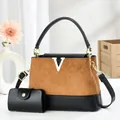 Retro brown and black leather tote bag with V-shaped metal hardware and mini pouch set - Yellow
