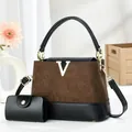 Detail of quilted brown suede bucket bag with gold metal logo and matching small wallet - Coffee