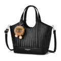 Classic black woven texture tote bag with lion plush charm and removable strap - Black