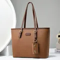Fashionable caramel brown tote bag with leather texture and adjustable gold buckles - Khaki
