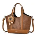 Brown leather tote bag with V-shaped woven texture and plush ball charm in a minimalist style - Earthy Yellow