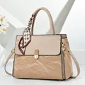 Large capacity tote bag with beige and tan patchwork design and silk scarf decoration - Light Khaki