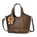 Detail of woven leather pattern and plush charm on brown dual-handle bucket bag - Brown