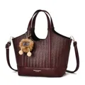 Detail of dark red woven tote bag with smooth leather trim and plush pom-pom charm - Red