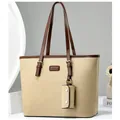 Elegant beige tote bag with dark brown straps and a matching small round pouch accessory - Apricot
