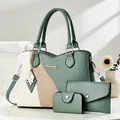 Chic 3-piece women's handbag set with tote bag, envelope clutch and small card holder - Green Patchwork