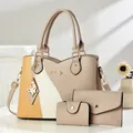 Three-piece women's handbag set with tricolor patchwork design and butterfly charm - Khaki Spliced