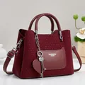 Burgundy minimalist contrast panel handbag with heart charms and large capacity for women - Burgundy