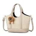 Beige woven tote bag with PU leather trim and fuzzy pompom charm for daily commute - Khaki