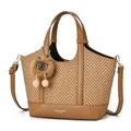 Brown woven tote bag with PU leather trim and adjustable shoulder strap for daily commuting - Earthy Yellow